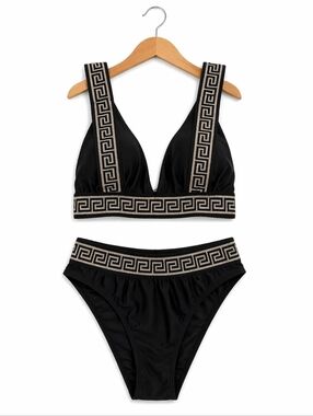 Black High-Waist Triangle Bikini with Contrasting Trim